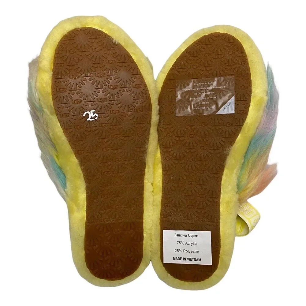 UGG Slippers Girls 4 Yellow Slides Fluff Yeah Tie Dye Lemonade‎ 1120033K Comfy
